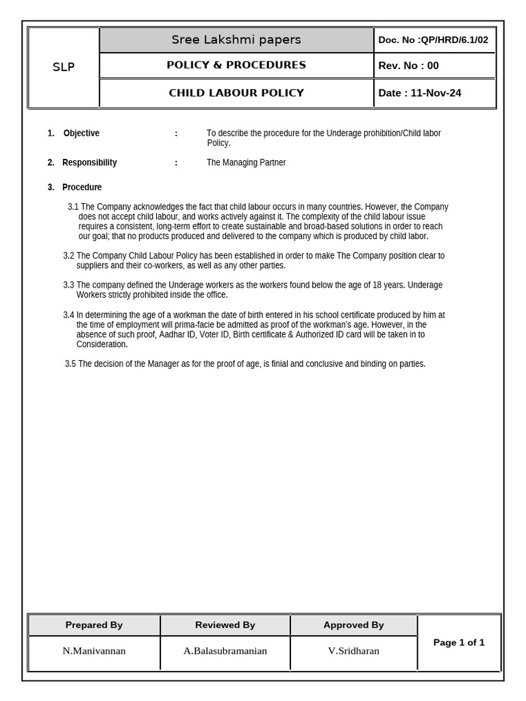 Child Labor Prohibition Policy | PDF