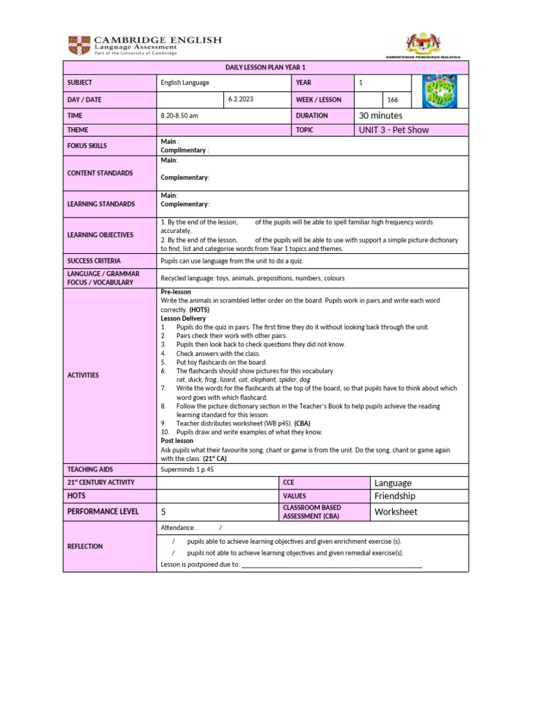 RPH Bi Year 1 (LP166-170) | PDF | Lesson Plan | Vocabulary