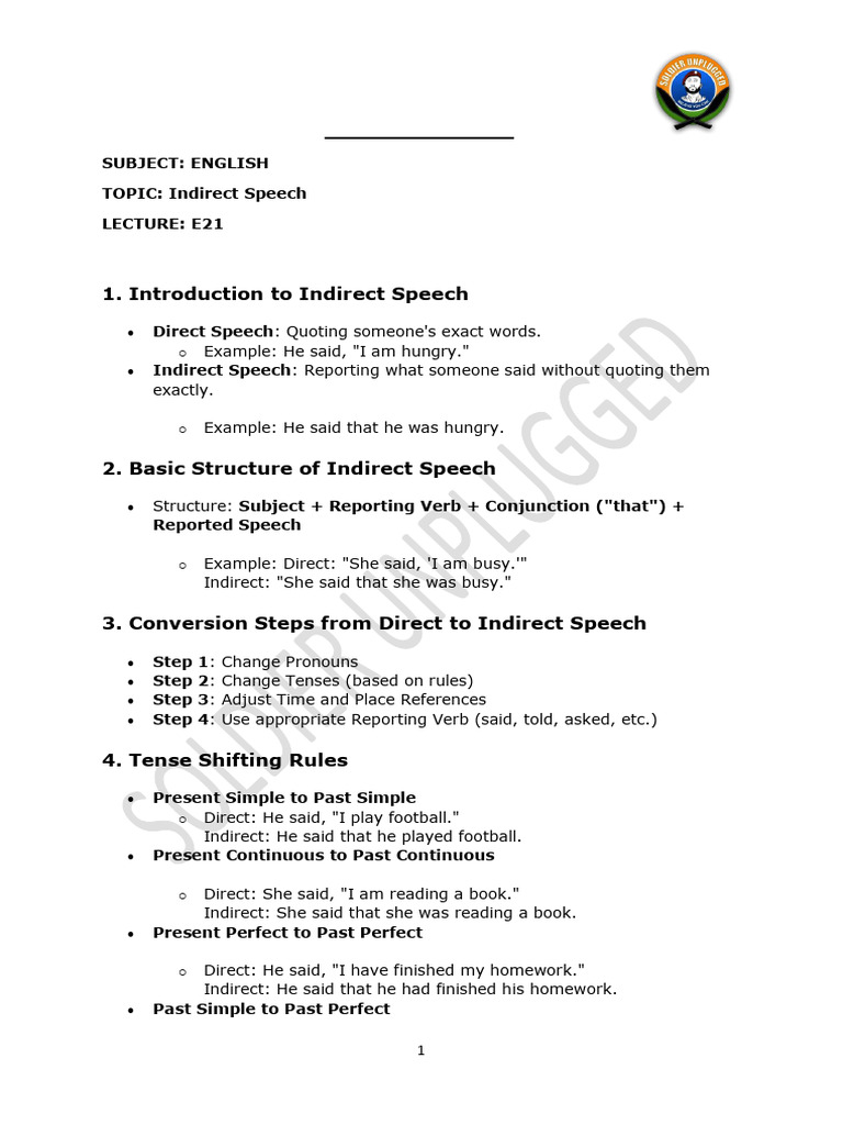 Indirect Speech: Conversion Guide | PDF | Syntax | Grammar