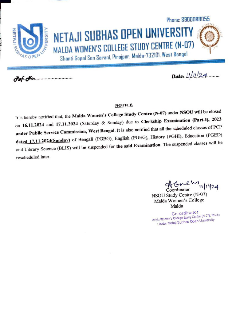 Notice PCP PG Class Suspension On 17112024 Malda Womens College | PDF ...