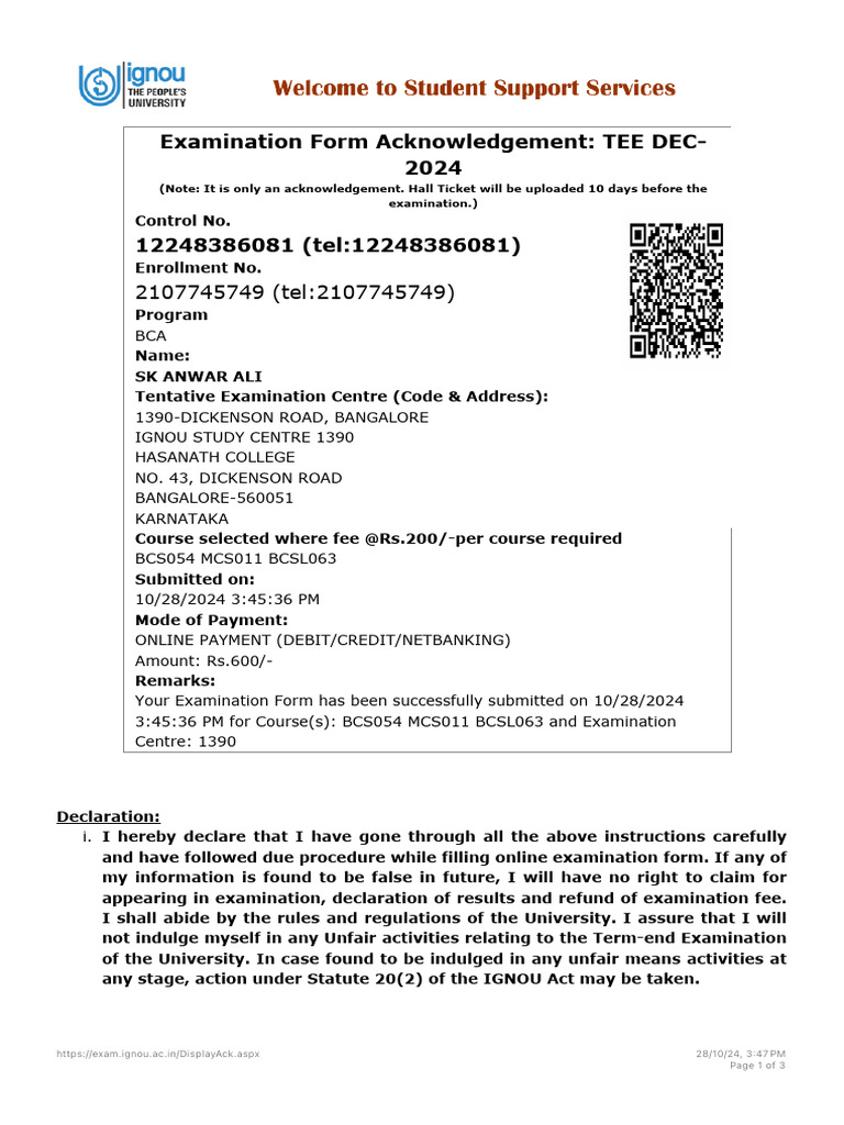 Ignou examination form acknowledgement pdf