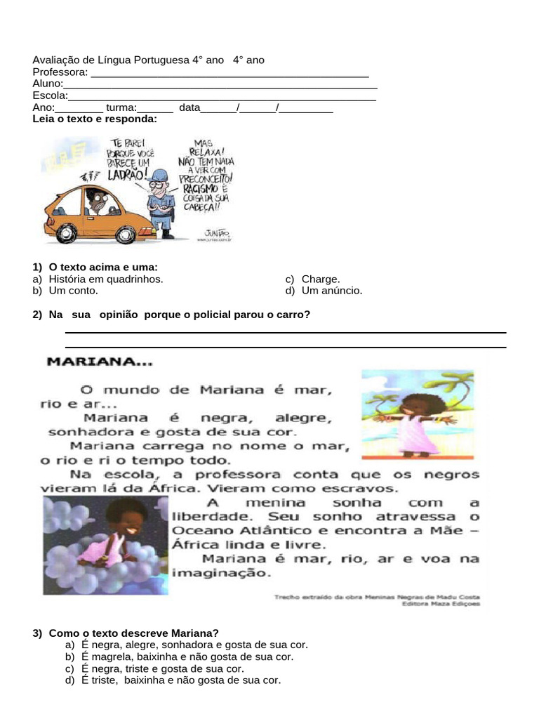 Avaliação de Língua Portuguesa 4º Ano | PDF | Trigo | Formiga