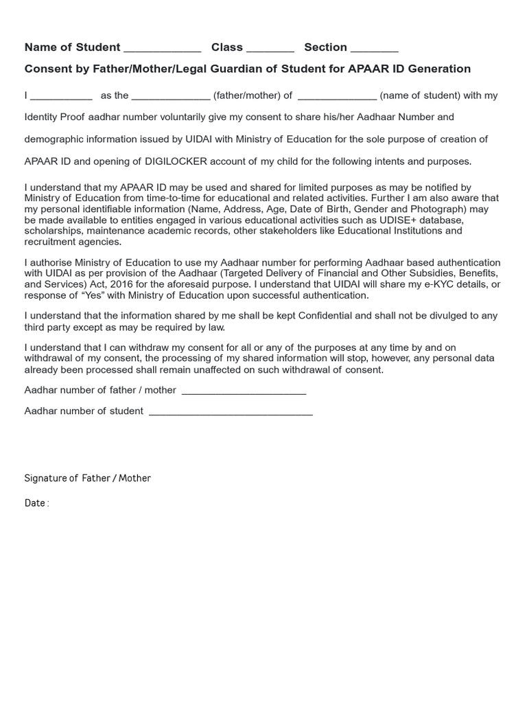 Consent Form for APAAR ID Generation | PDF