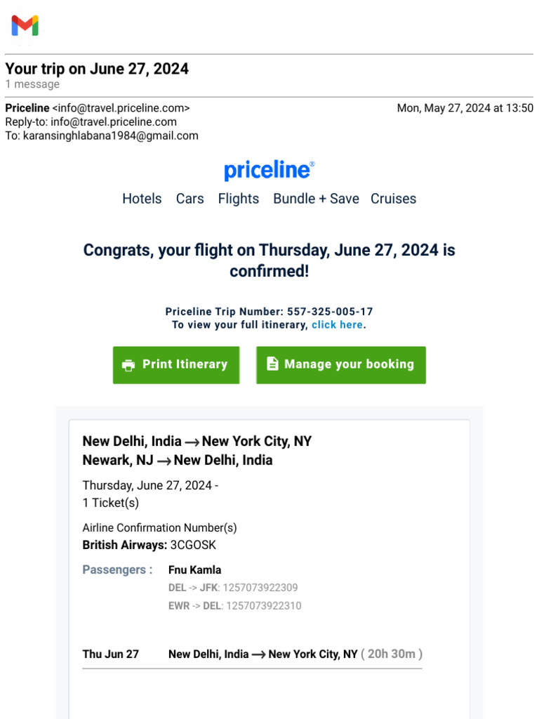 Flight Confirmation for June 27, 2024 | PDF | Airport | John F. Kennedy ...