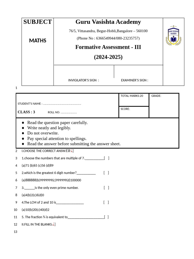 Class 3 Maths Formative Assessment 2024 | PDF | Algebra | Numbers