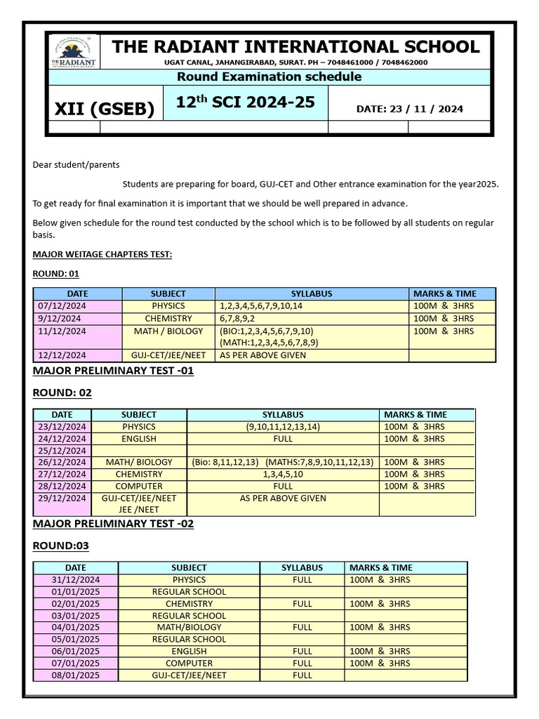 Round Exam Schedule for XII GSEB 2024-25 | PDF | Vocational Education ...