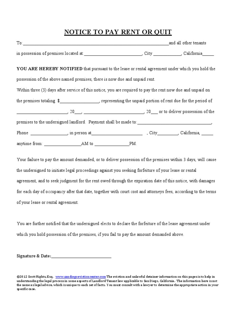 3 Day Notice Pay Rent or Quit, California; San Diego Eviction Center
