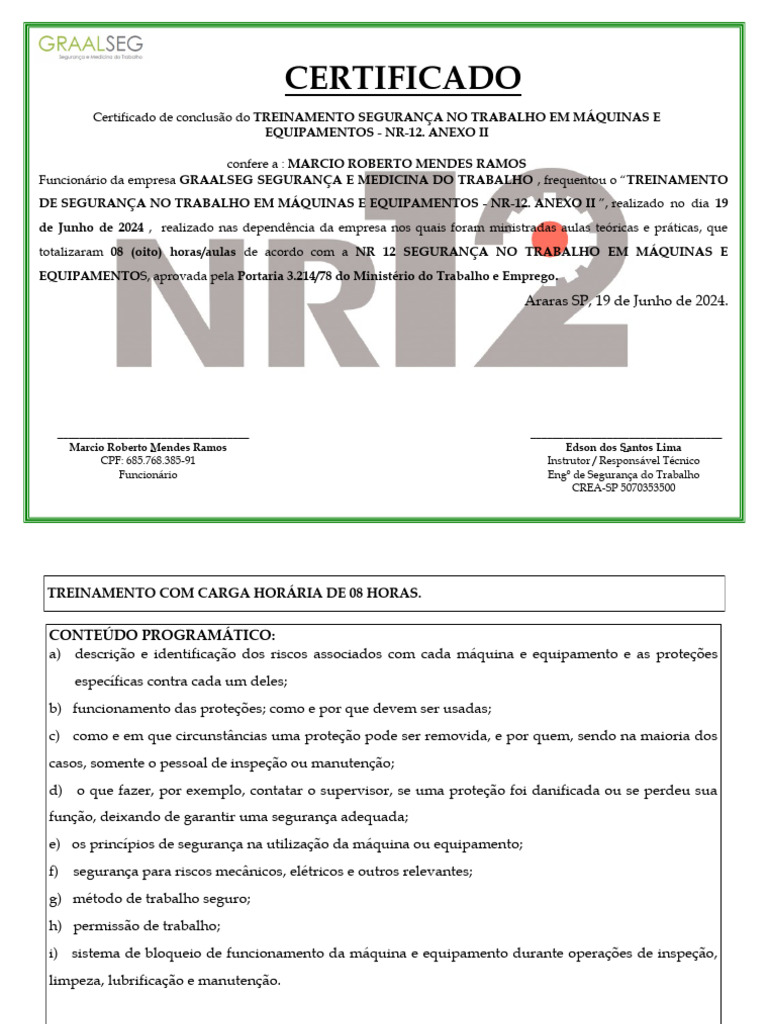 Certificado de Treinamento NR-12 Segurança | PDF