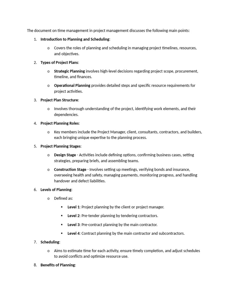 The document on time management in project management discusses the