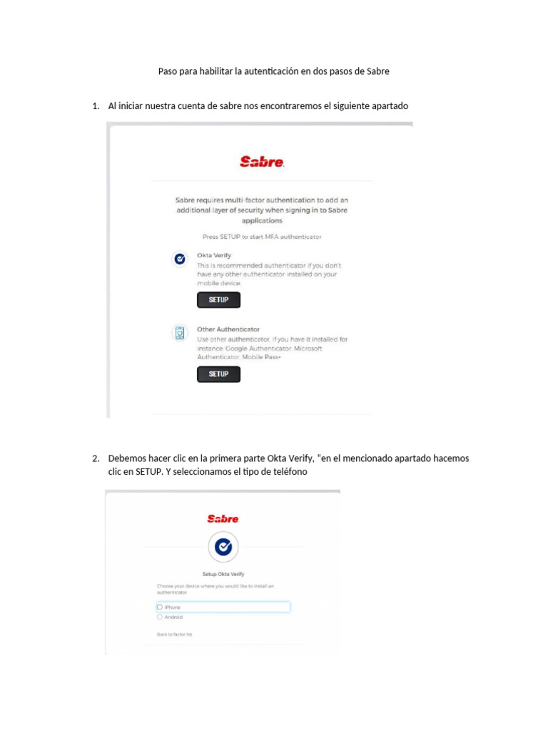 Habilitar MFA en Sabre con Okta Verify | PDF