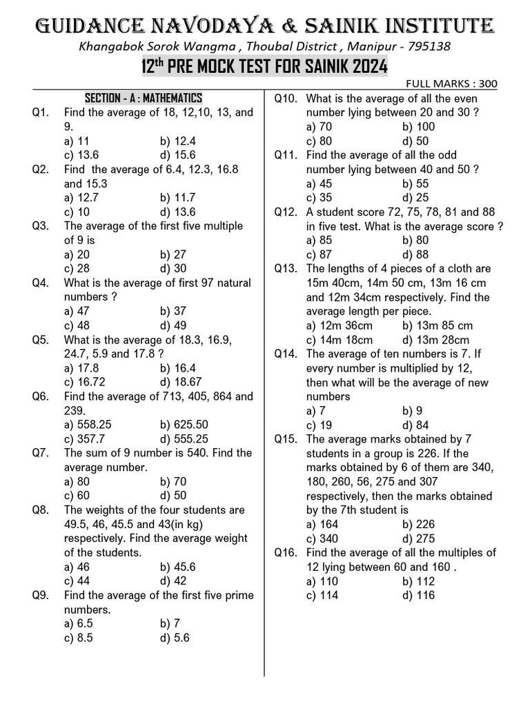 12 Pre Mock Test Sainik 2024 PDF Forests Trees