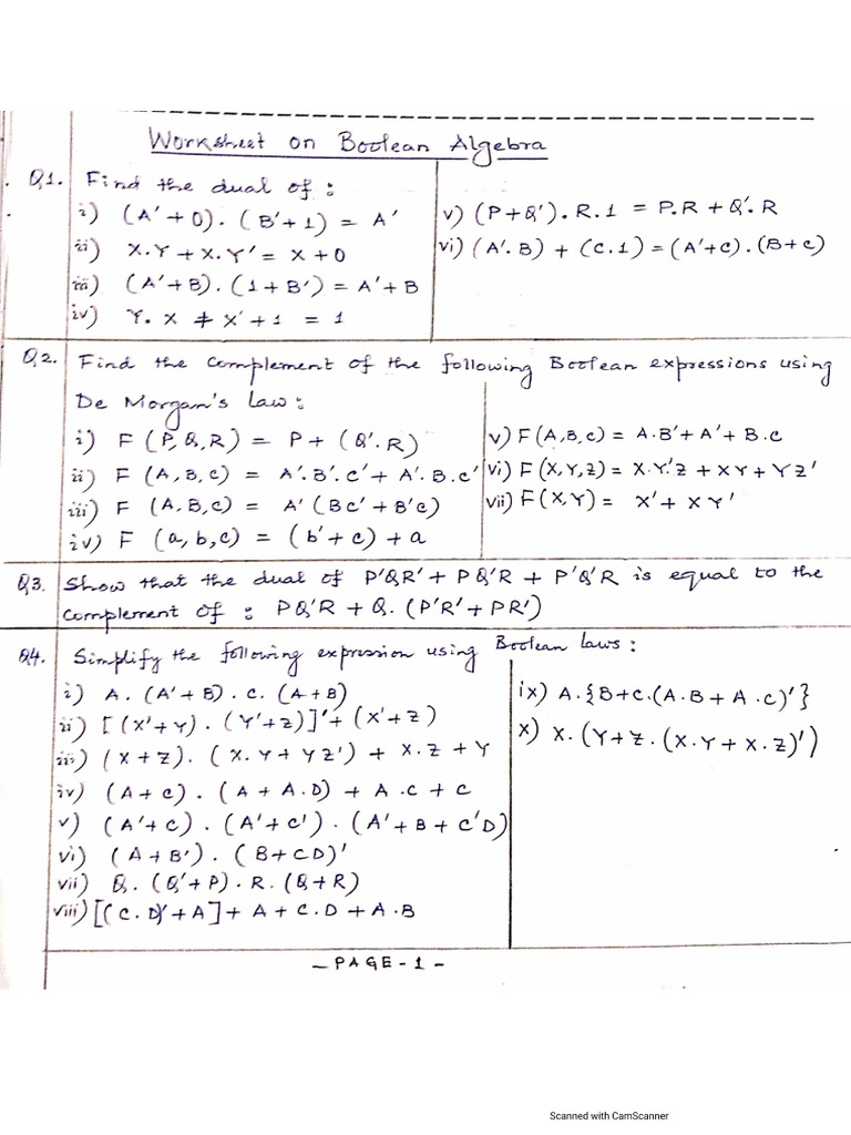 Worksheet On Boolean Algebra | PDF