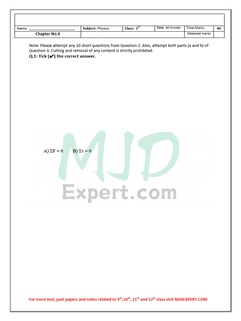 Class 9 Physics Chapter 4 Test PDF | PDF | Force | Torque