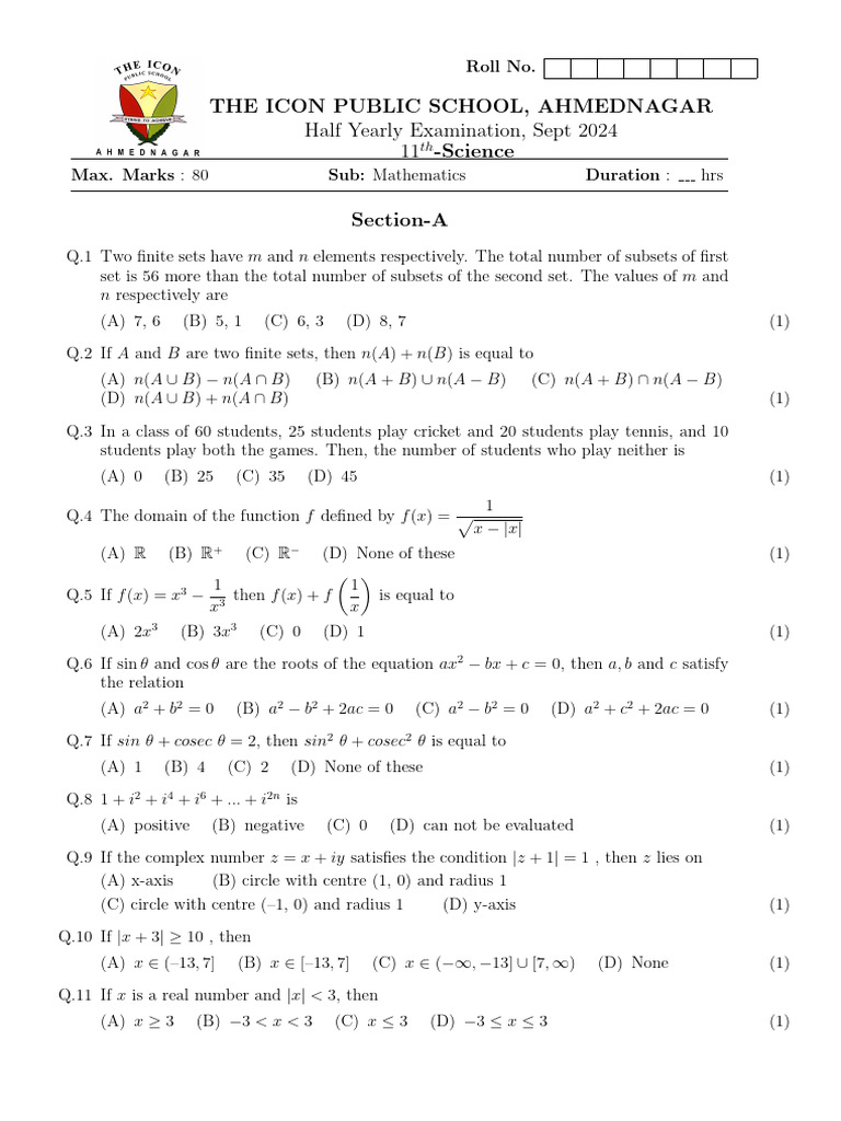 11th Grade Mathematics Exam Paper | PDF | Function (Mathematics ...