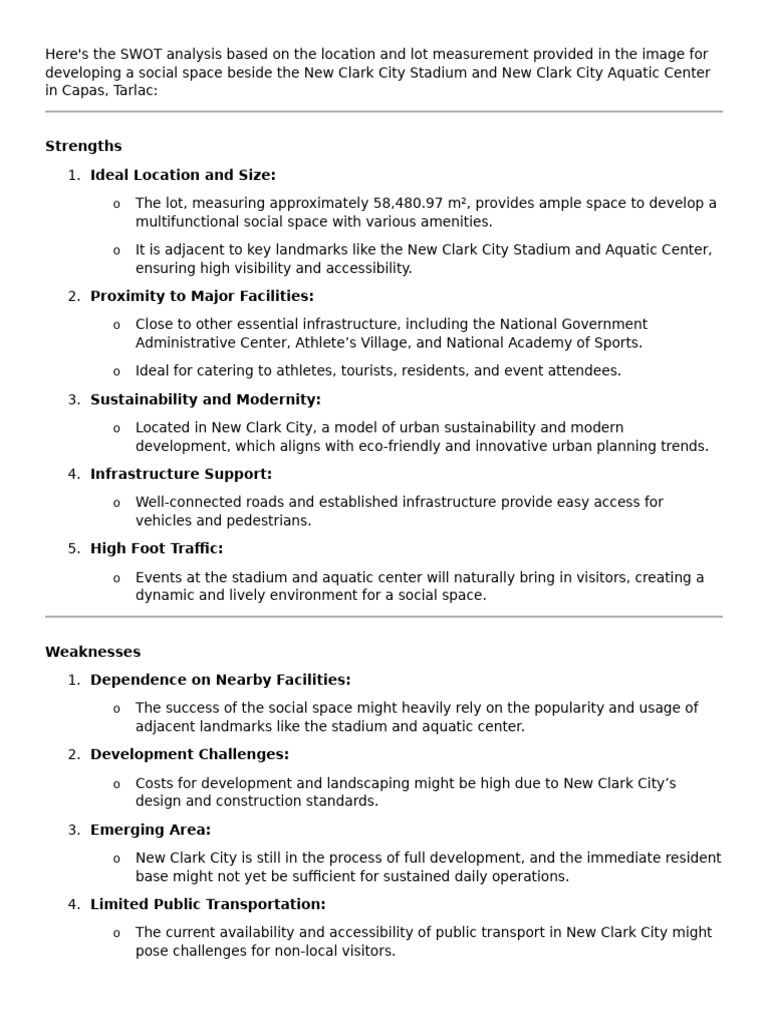 SWOT Analysis for New Clark City Social Space | PDF | Sustainability ...