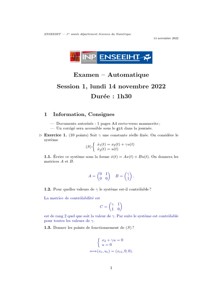 Examen d'Automatique - ENSEEIHT 2022 | PDF | Algèbre linéaire | Algèbre