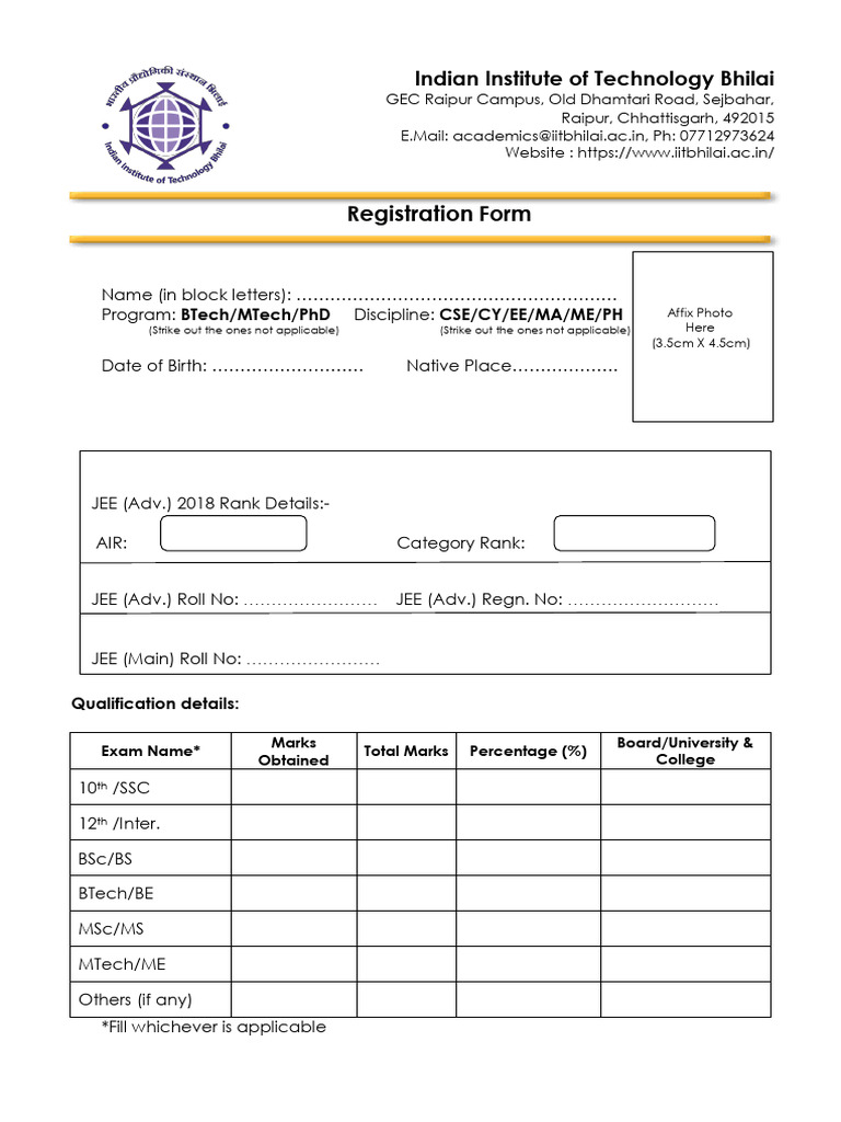 IIT Bhilai Registration Form Details | PDF | Engineering | Titles