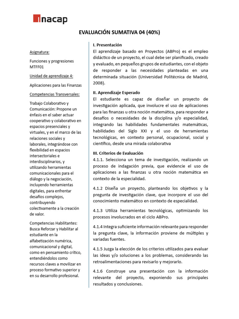 Proyecto ABPro en Finanzas y Matemáticas | PDF | Evaluación | Aprendizaje