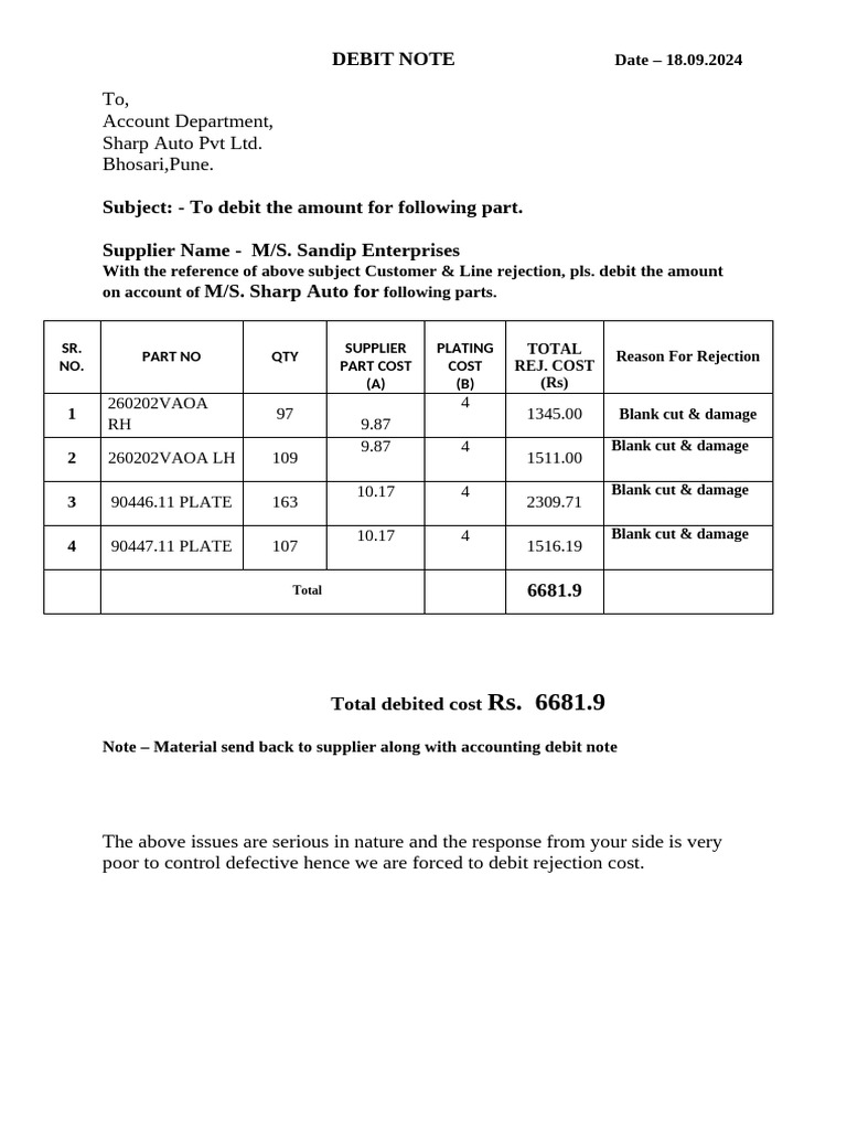 Debit Note for Rejected Auto Parts | PDF