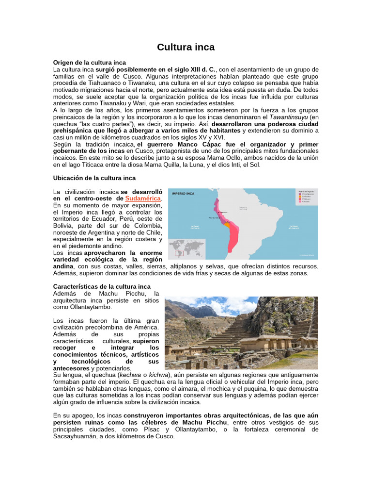 Cultura Inca: Orígenes y Organización | PDF | Imperio Inca