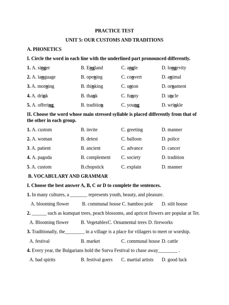 Unit 5 Practice Test: Customs & Traditions | PDF | Gift