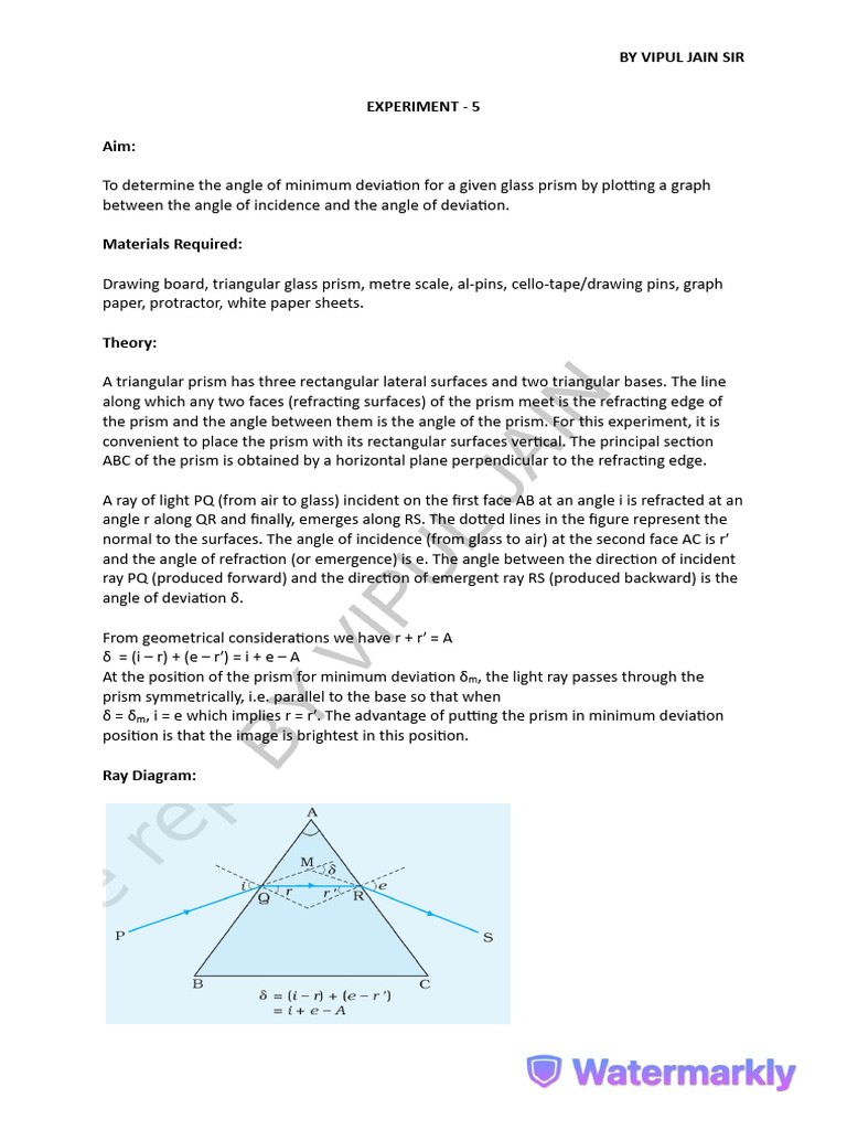 To Determine The Angle of Minimum Deviation For A Given Glass Prism by ...