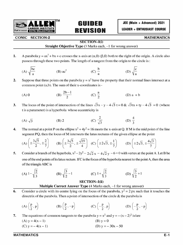 Guided Revision Sheet Conic Section-2 | PDF