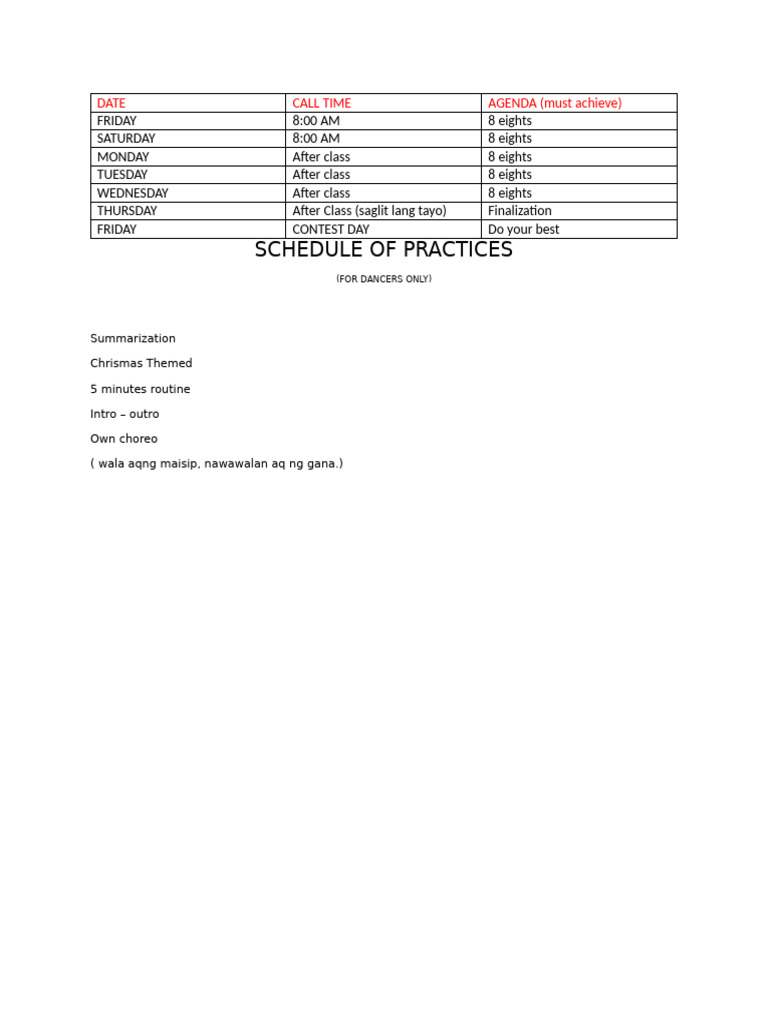 Dance Practice Schedule | PDF