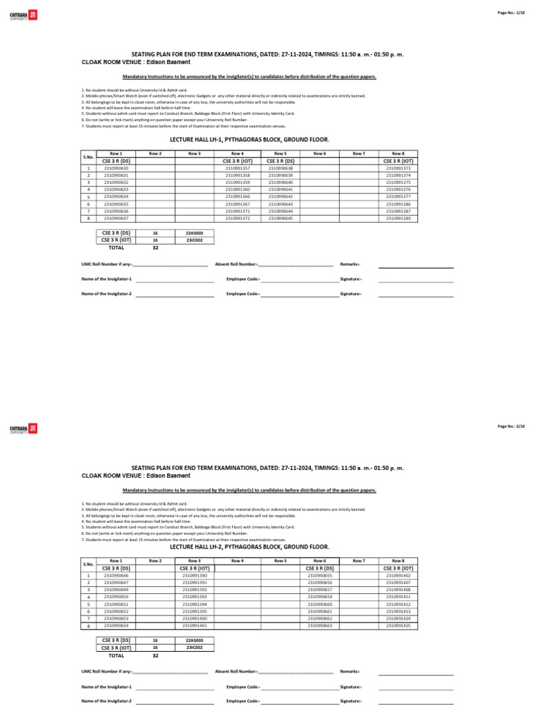 End Term Exam Instructions & Seating Plan | PDF | Identity Document