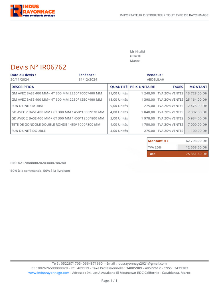 Devis rayonnage pour GERCIF Maroc | PDF