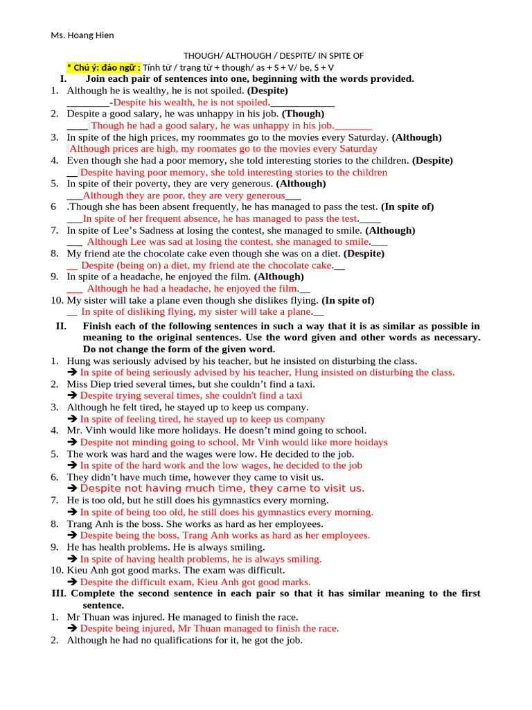 Mastering Though, Although, Despite Usage | PDF