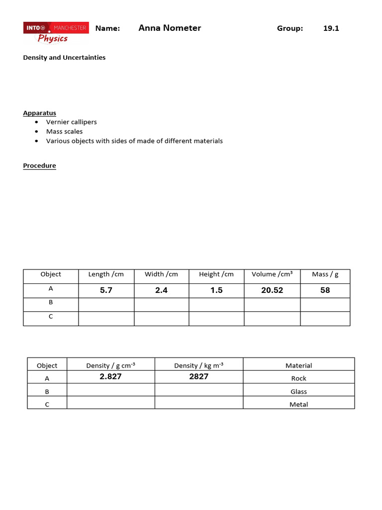 Density Measurement Uncertainty Analysis Pdf Density Volume