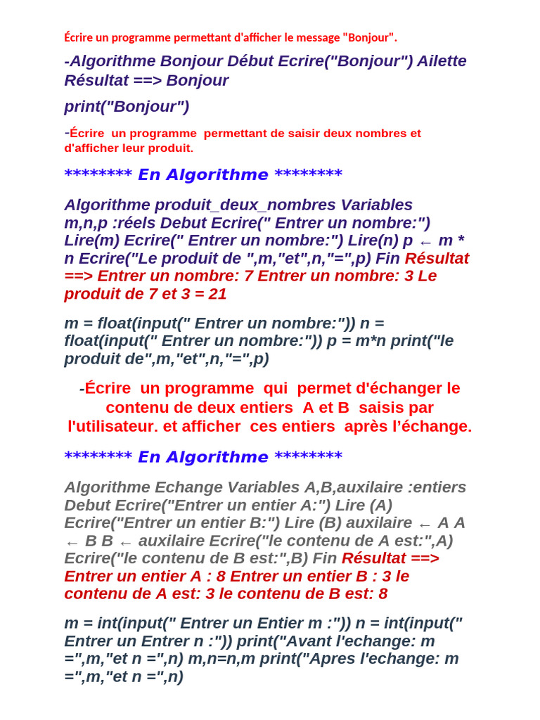 Programmes simples en Python et algorithmes | PDF | Informatique ...