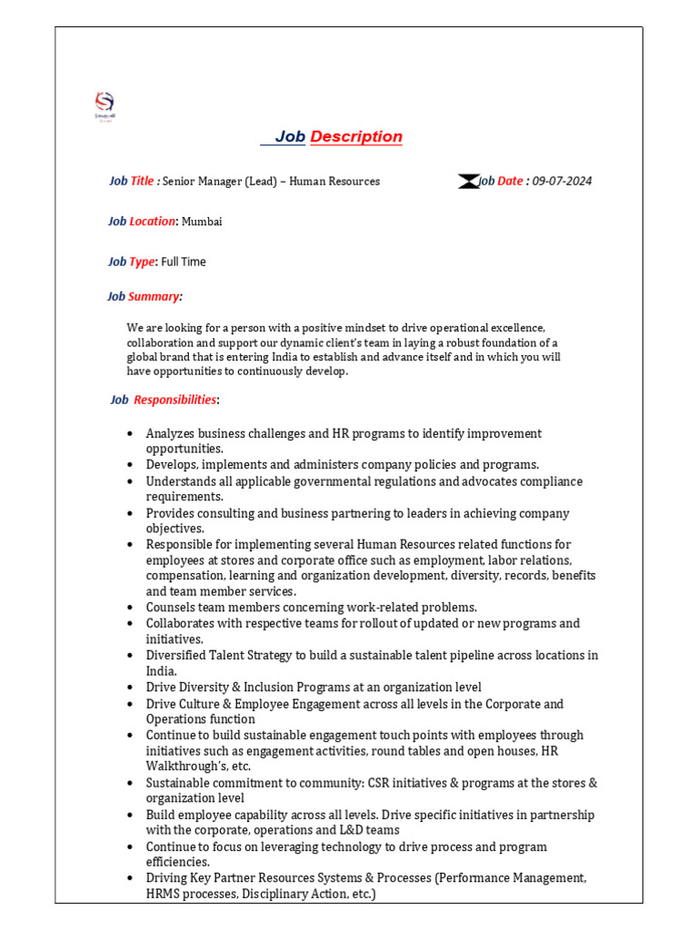 HR Leadership Role in Mumbai | PDF | Human Resource Management | Employment