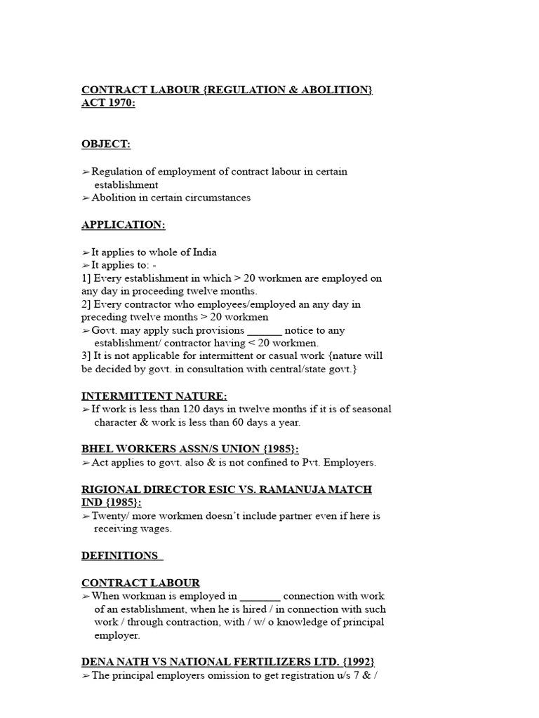 Contract Labour (Regulation & Abolition) Act, 1970 | PDF | Employment ...