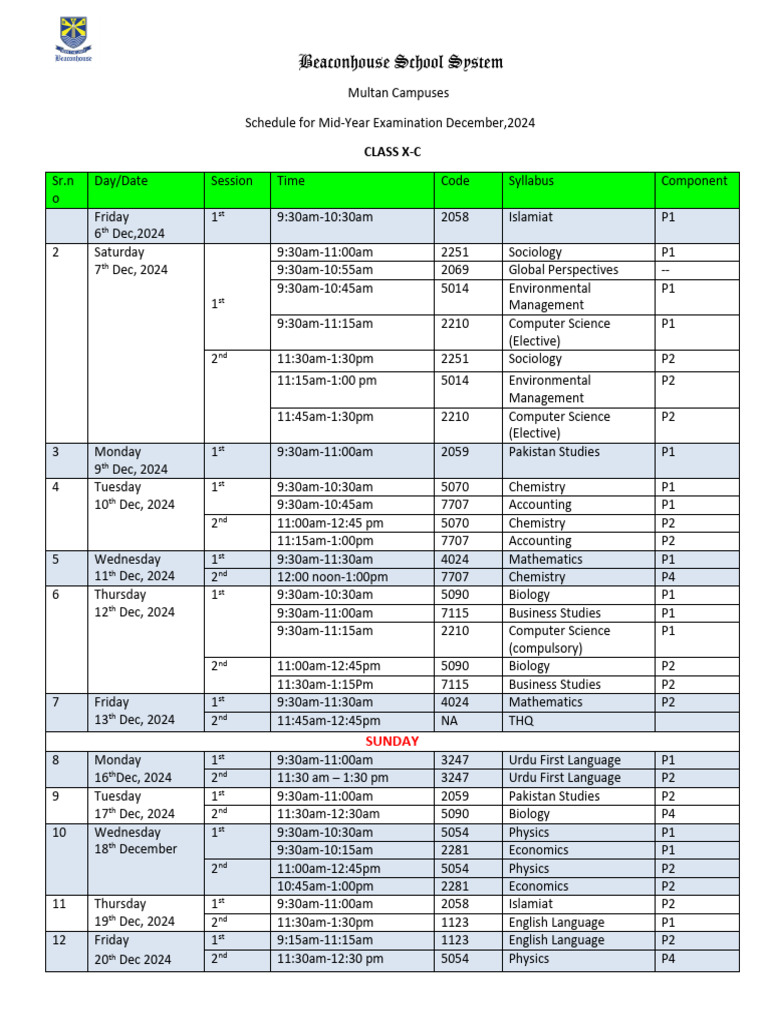 10-C Schedule For Mid-Year Exam 2024 | PDF