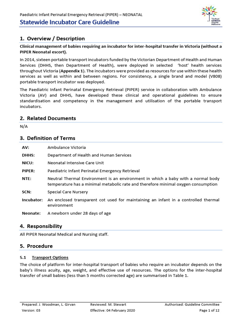 Neonatal Incubator Transfer Guidelines | PDF | Neonatal Intensive Care ...