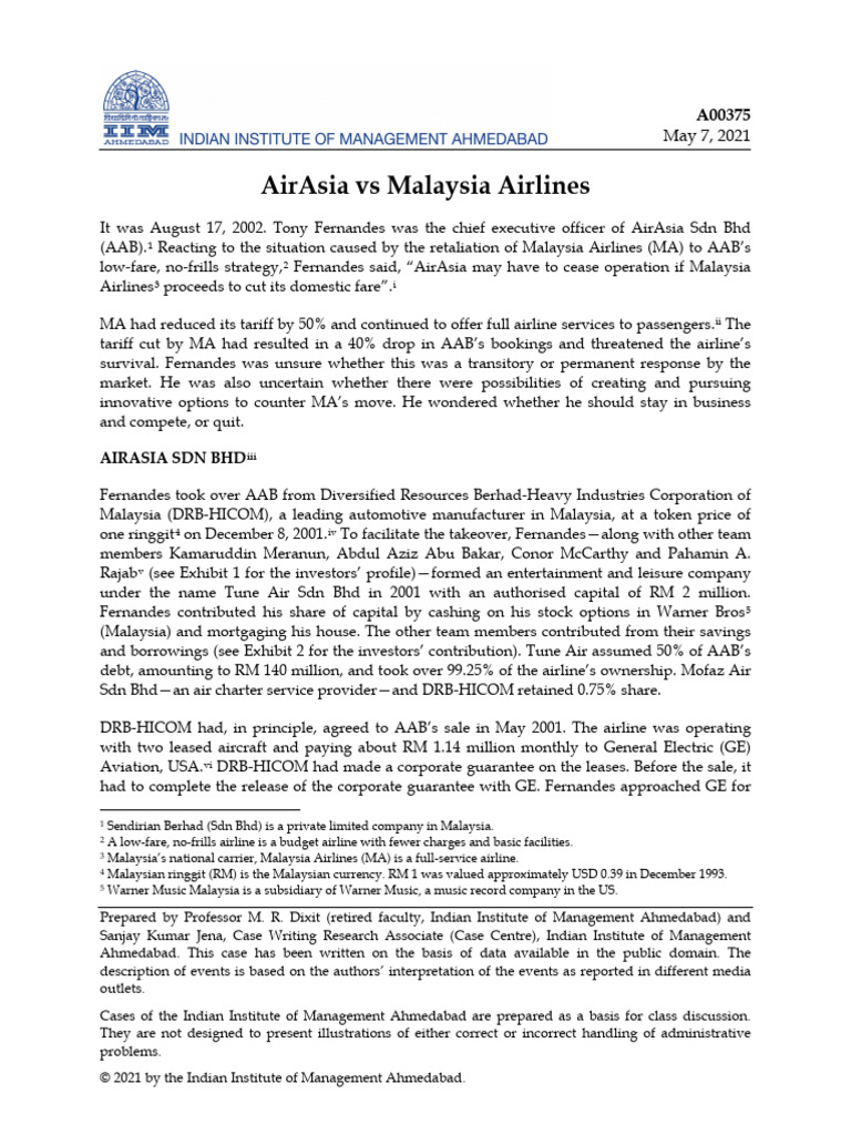 AirAsia Vs Malaysia Airlines - A00375-PDF-ENG | PDF | Airlines | Low ...