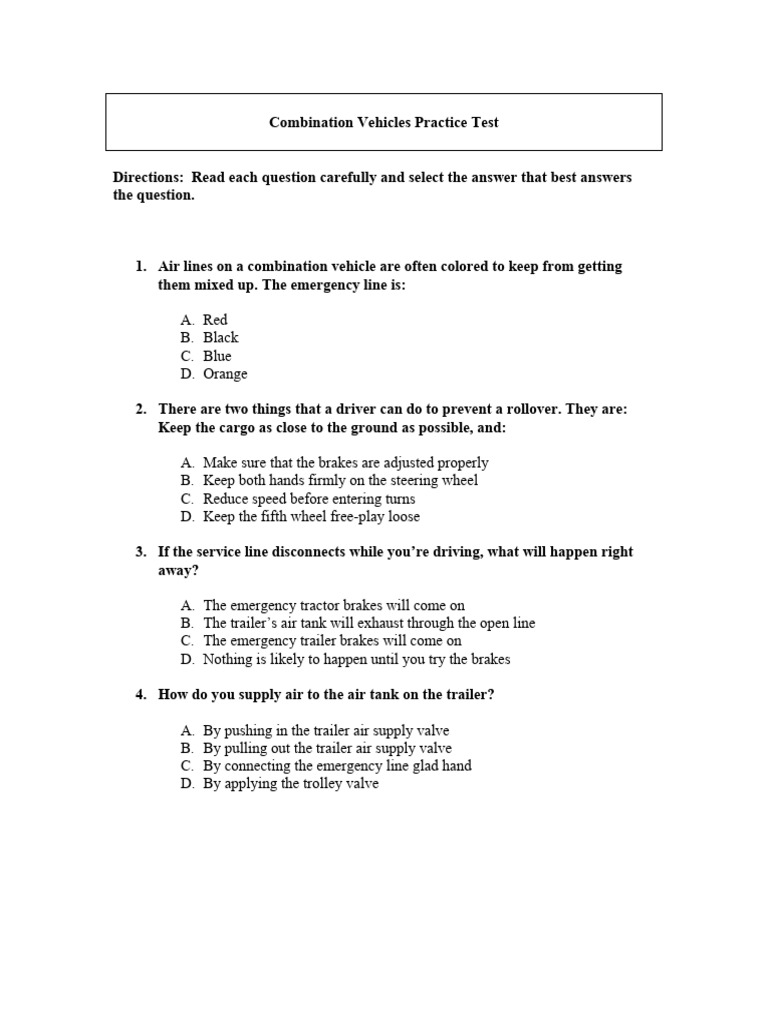Combination Vehicle CDL Practice Test | PDF | Trailer (Vehicle) | Semi ...