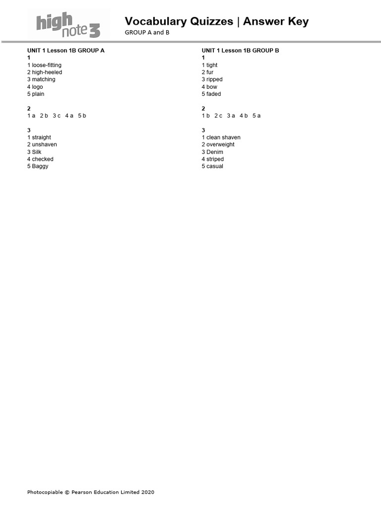 HighNote3 Vocabulary Quizz Unit01 GroupA B ANSWERS | PDF