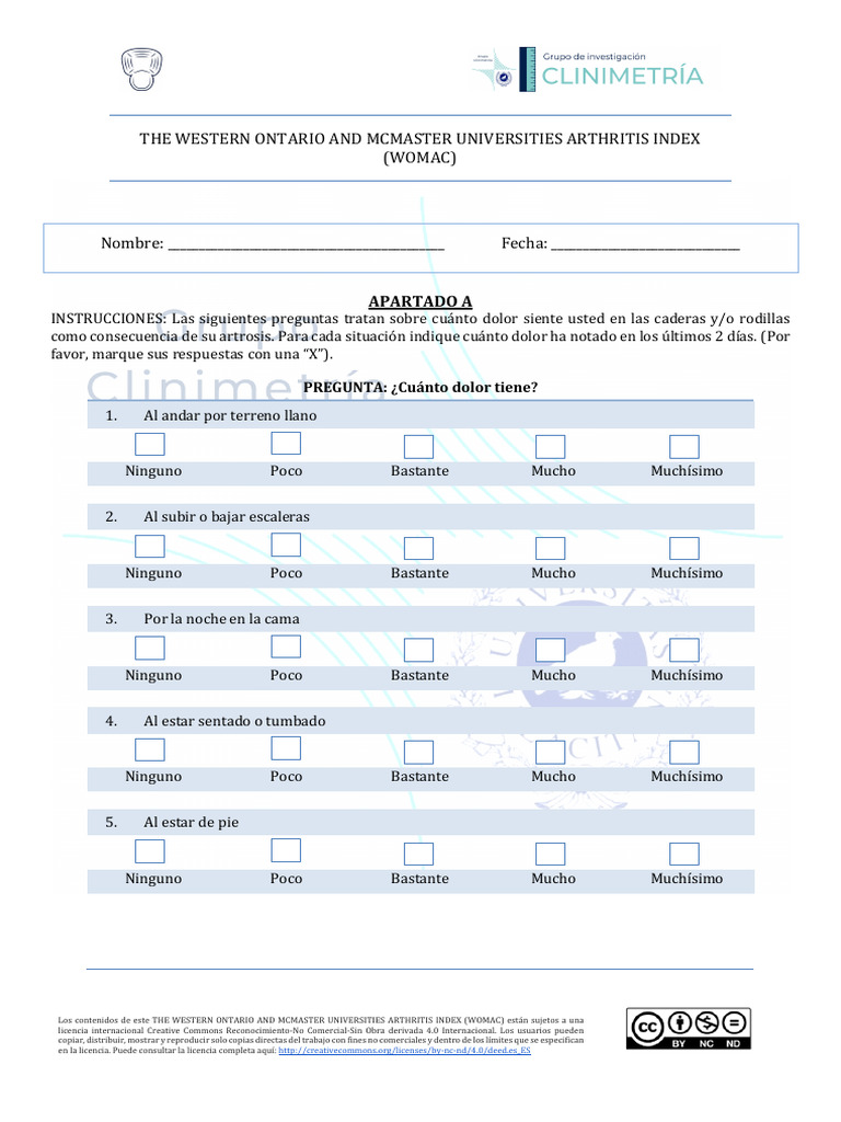 Cuestionario WOMAC para Artrosis | PDF | Creative Commons
