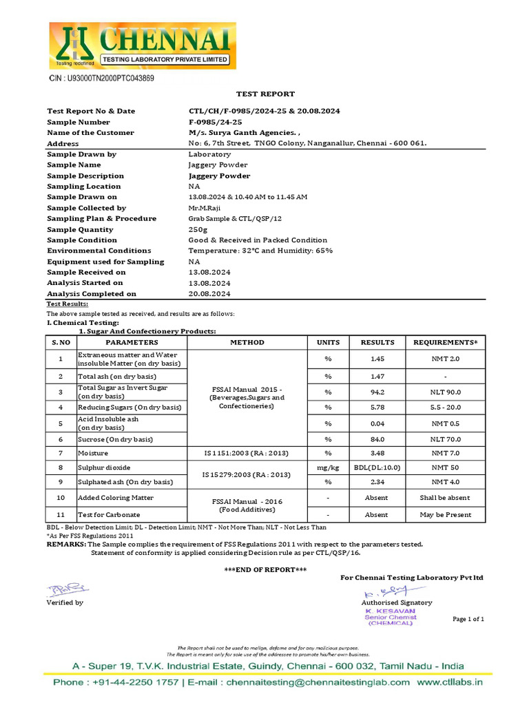 Jaggery Powder Test Report Summary | PDF | Chemistry