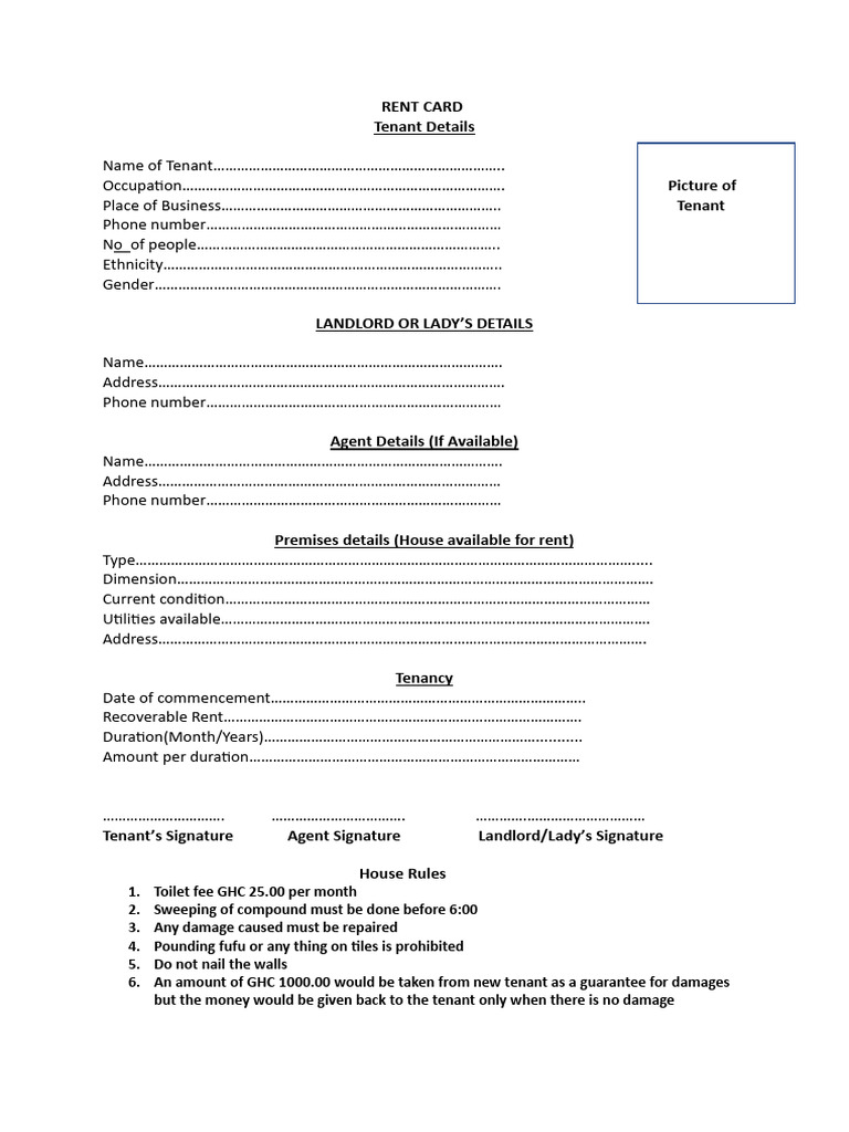 Tenant Rental Agreement Card | PDF