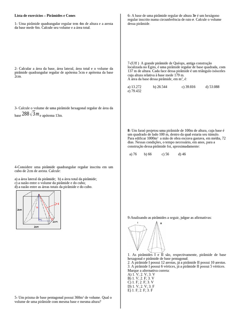 Lista de Exercícios Pirâmides e Cones | PDF | Geometria Euclidiana ...