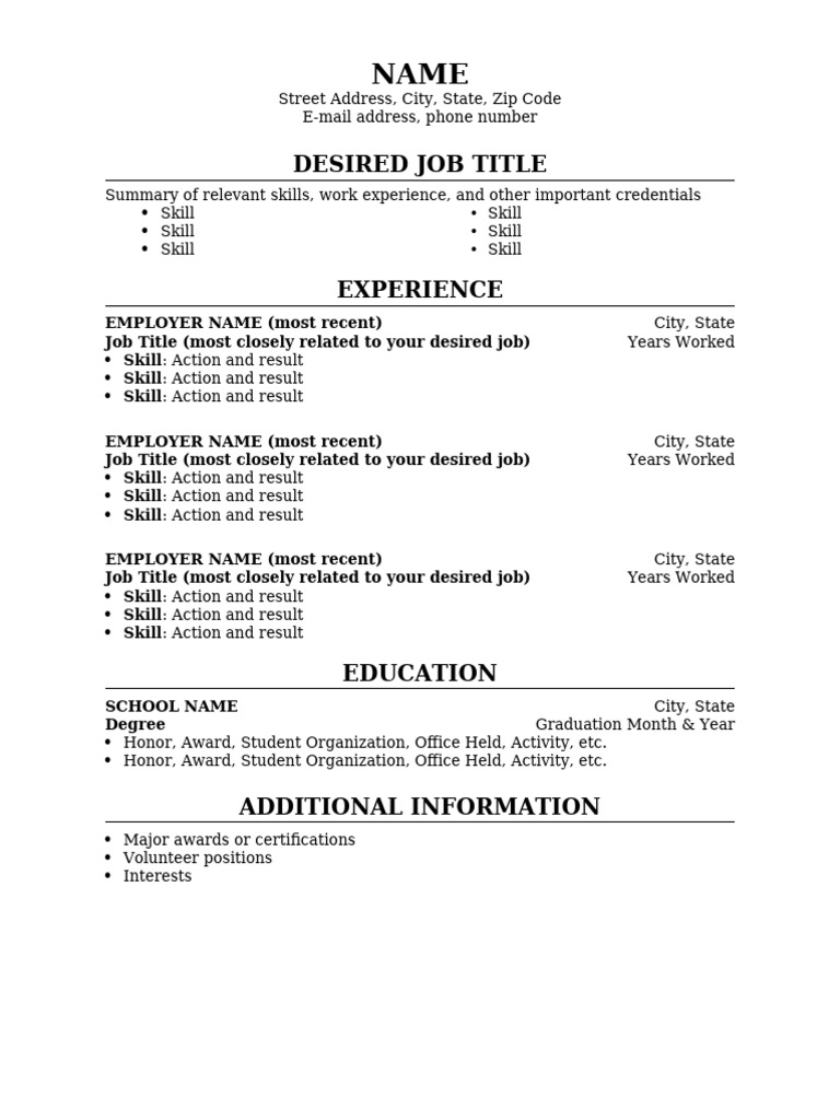 Resume blank template pdf