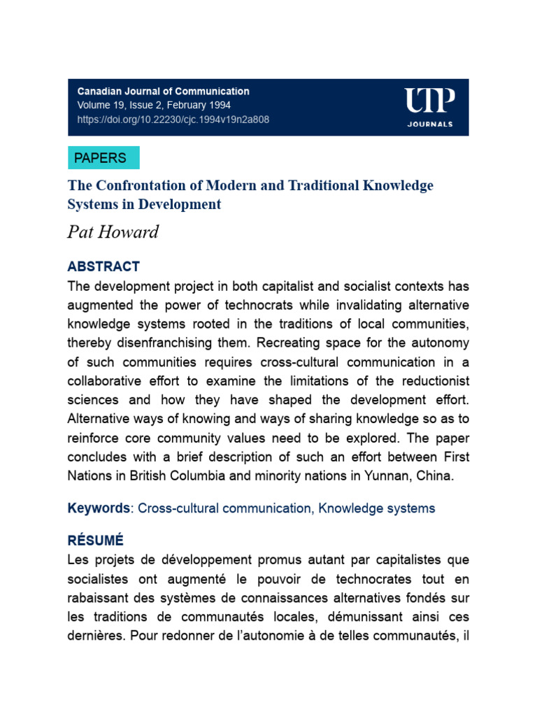 Howard 1994 The Confrontation of Modern and Traditional Knowledge ...