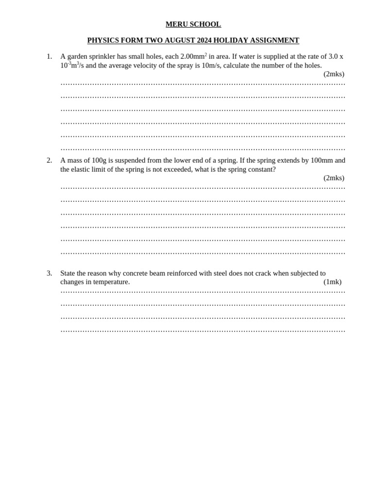 Physics Holiday Assignment for Form Two | PDF