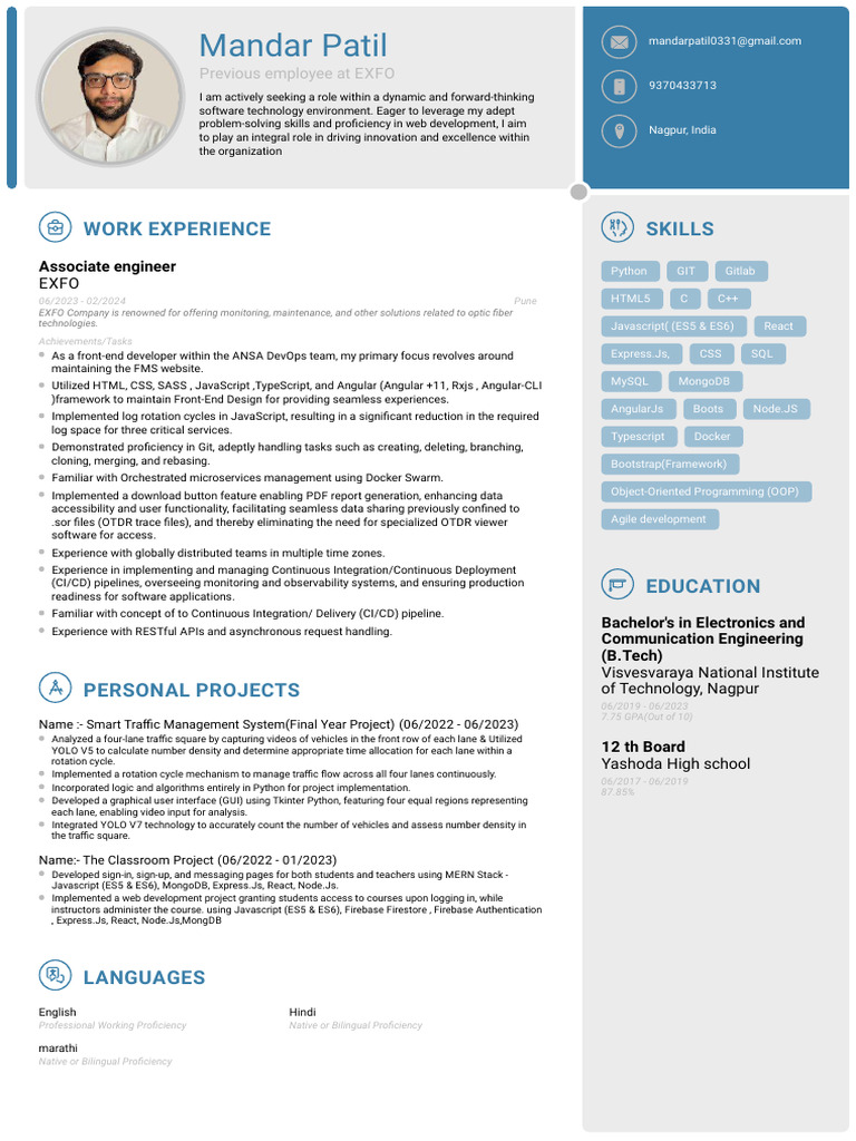 Software Developer Resume - Mandar Patil | PDF | Java Script | Web ...