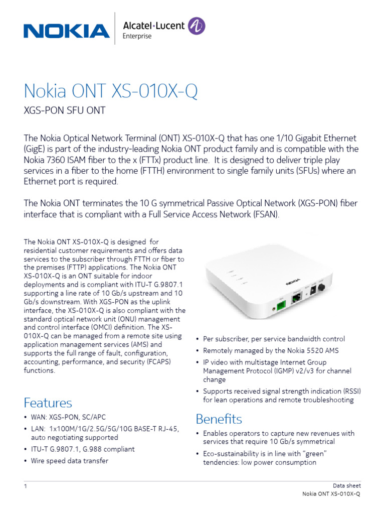 Nokia ONT XS-010X-Q Data Sheet | PDF | Fiber To The X | Computer Science