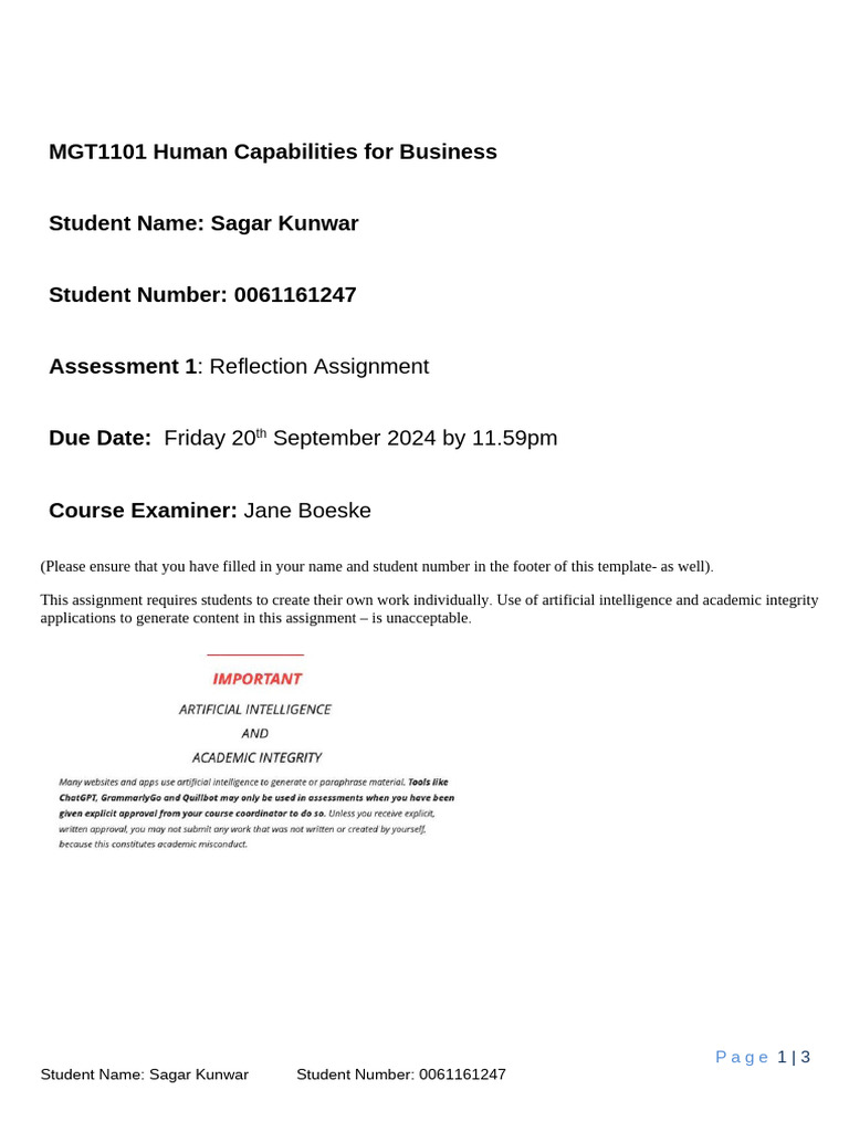 MGT1101 Assessment 1 Reflection Template | PDF | Cognitive Science ...